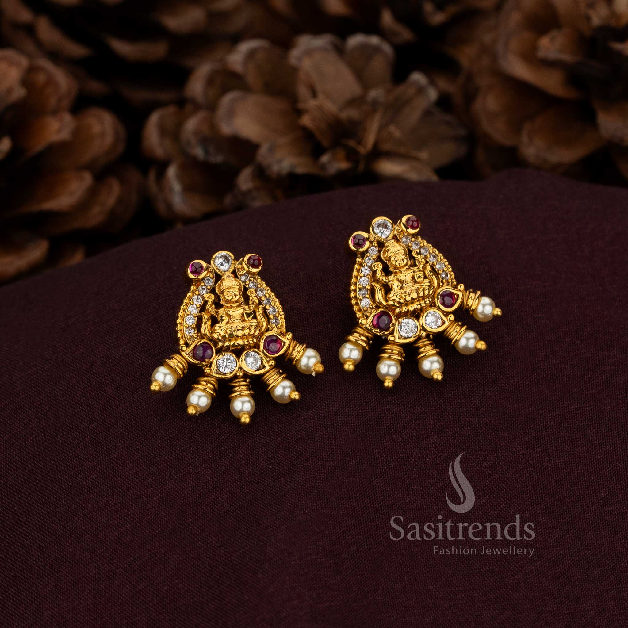 Sasitrends Goddess Lakshmi AD stud earrings with pearl drops in temple style