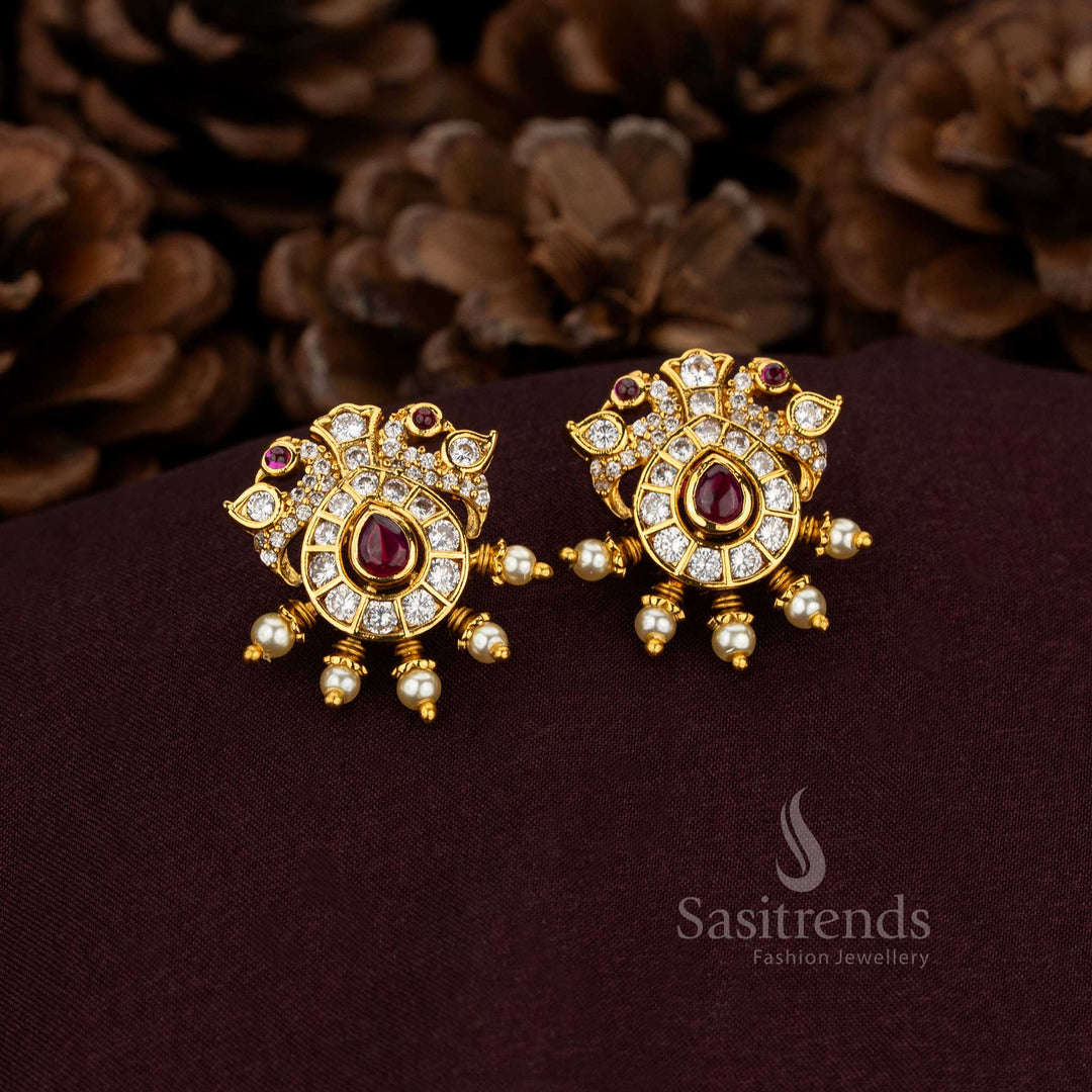 Majestic Peacock Teardrop and Circular American Diamond Stud Earrings with Pearl Drops