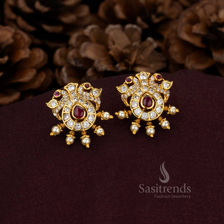 Majestic Matte Gold Plated Peacock Teardrop and Circular Stud Earrings with Pearl Drops
