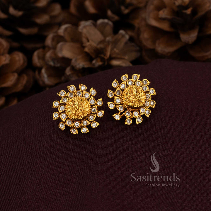 Matte Gold Plated Ganapathy God Floral Pearl AD Stud Earrings - Sasitrends