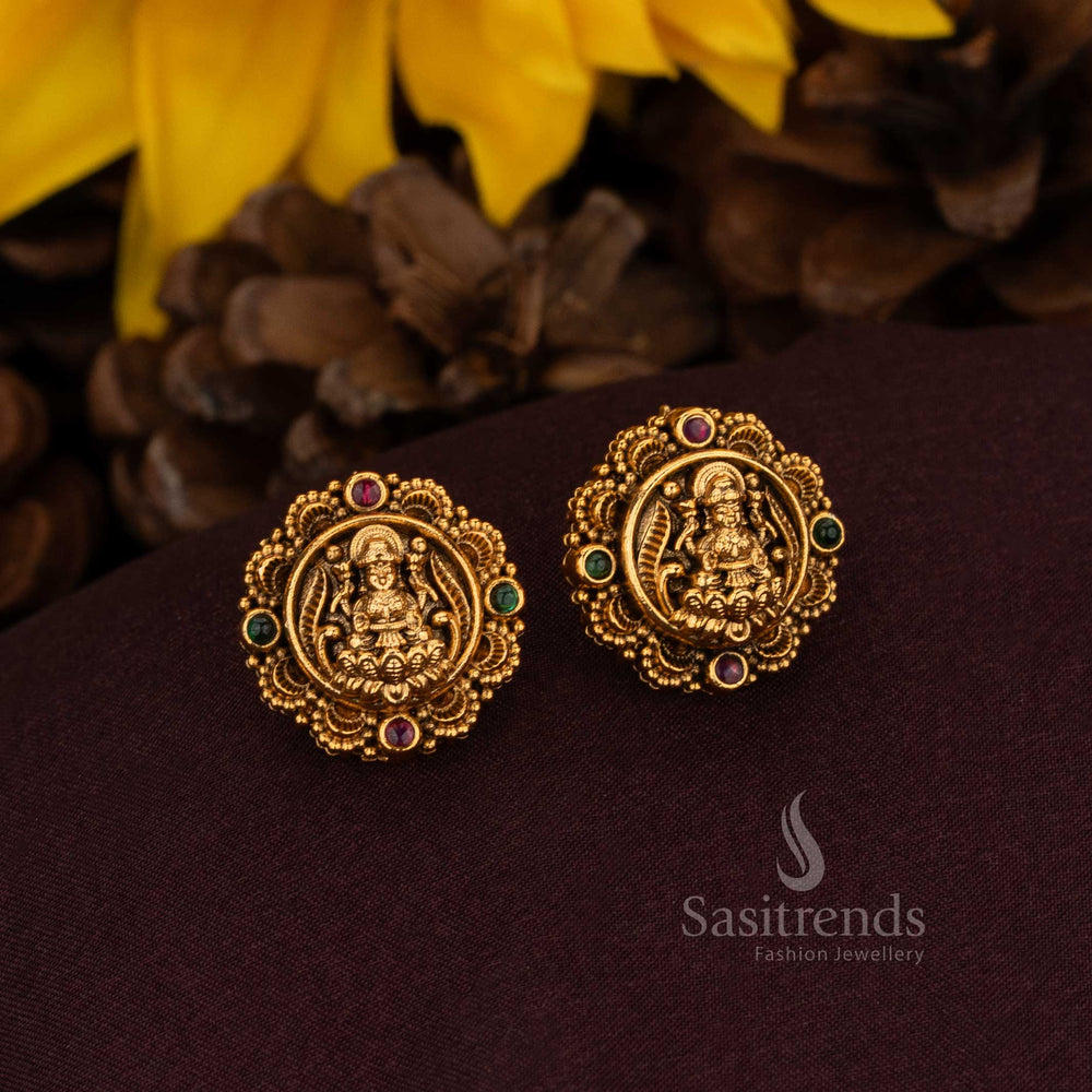 Festival Wear Ornate Floral Stud Earrings Featuring Goddess Lakshmi – Sasitrends