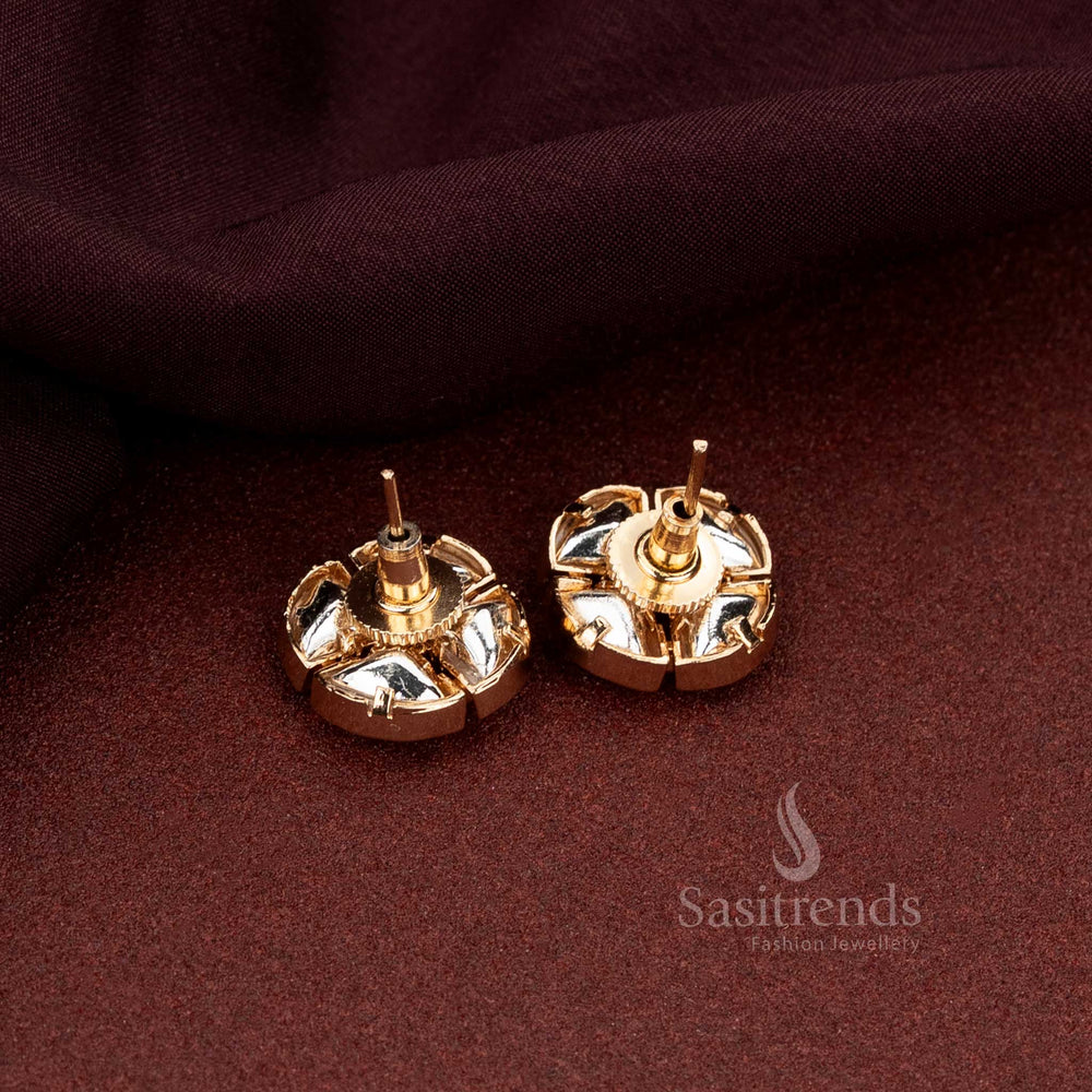 Elegant Modern Design Kundan Stud Earrings Featuring Four Luminous Stones And A Central Sparkling Accent In Gold Plated Finish Perfect For Stylish Celebrations - Sasitrends