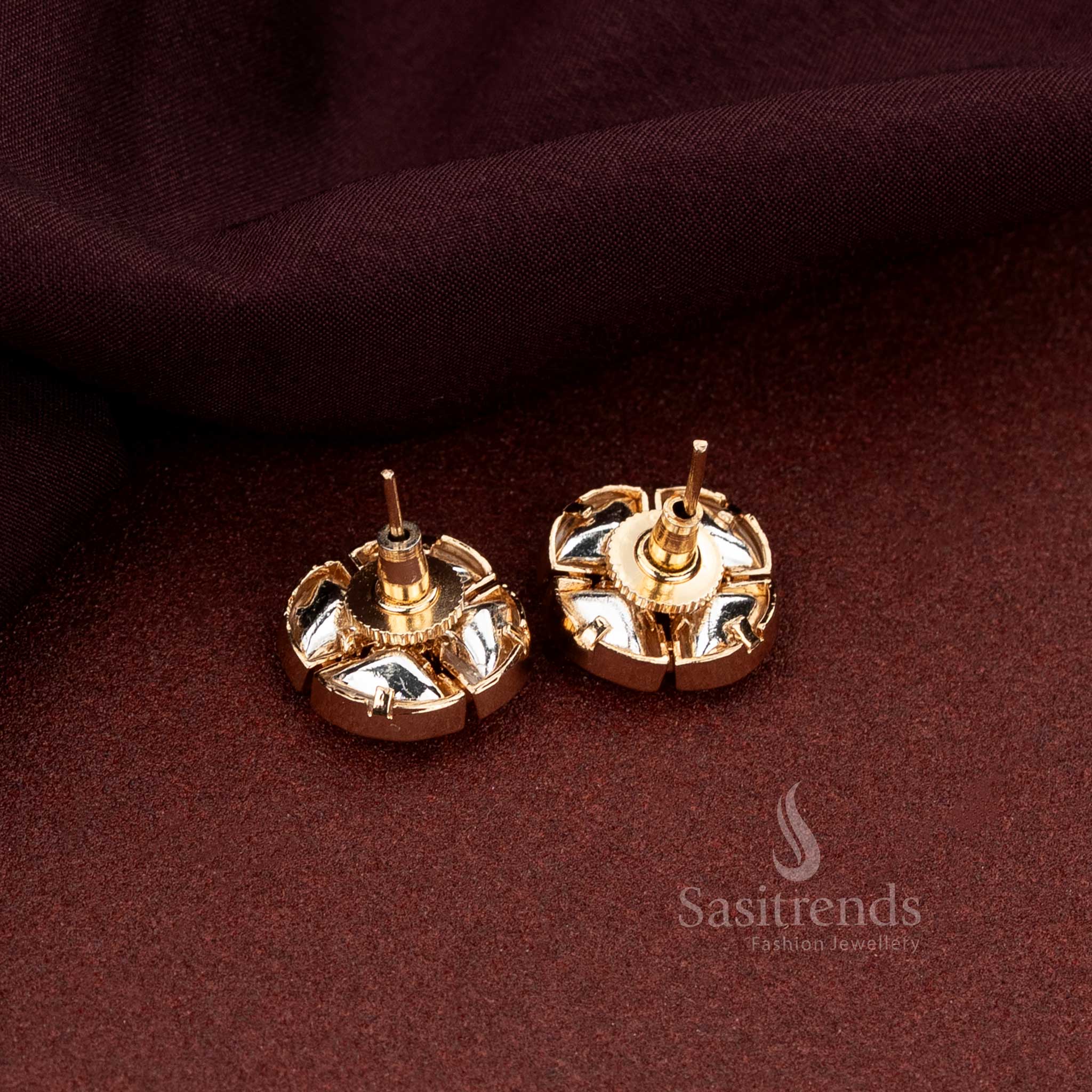 Elegant Modern Design Kundan Stud Earrings Featuring Four Luminous Stones And A Central Sparkling Accent In Gold Plated Finish Perfect For Stylish Celebrations - Sasitrends