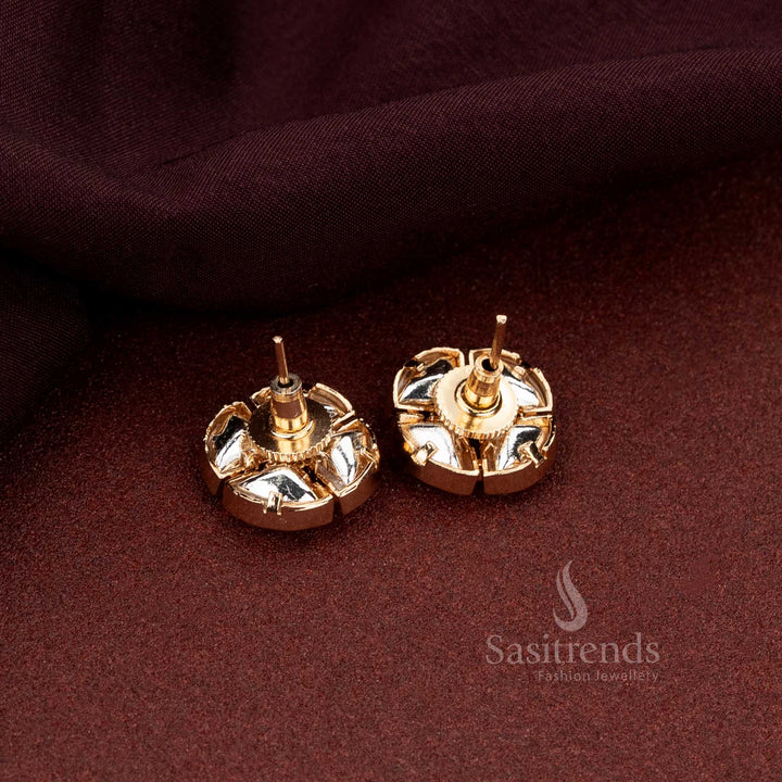 Elegant Modern Design Kundan Stud Earrings Featuring Four Luminous Stones And A Central Sparkling Accent In Gold Plated Finish Perfect For Stylish Celebrations - Sasitrends