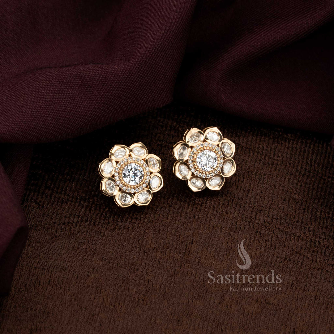 Elegant Carat Plated Kundan Floral Stud Earrings for Weddings and Festivals – Sasitrends