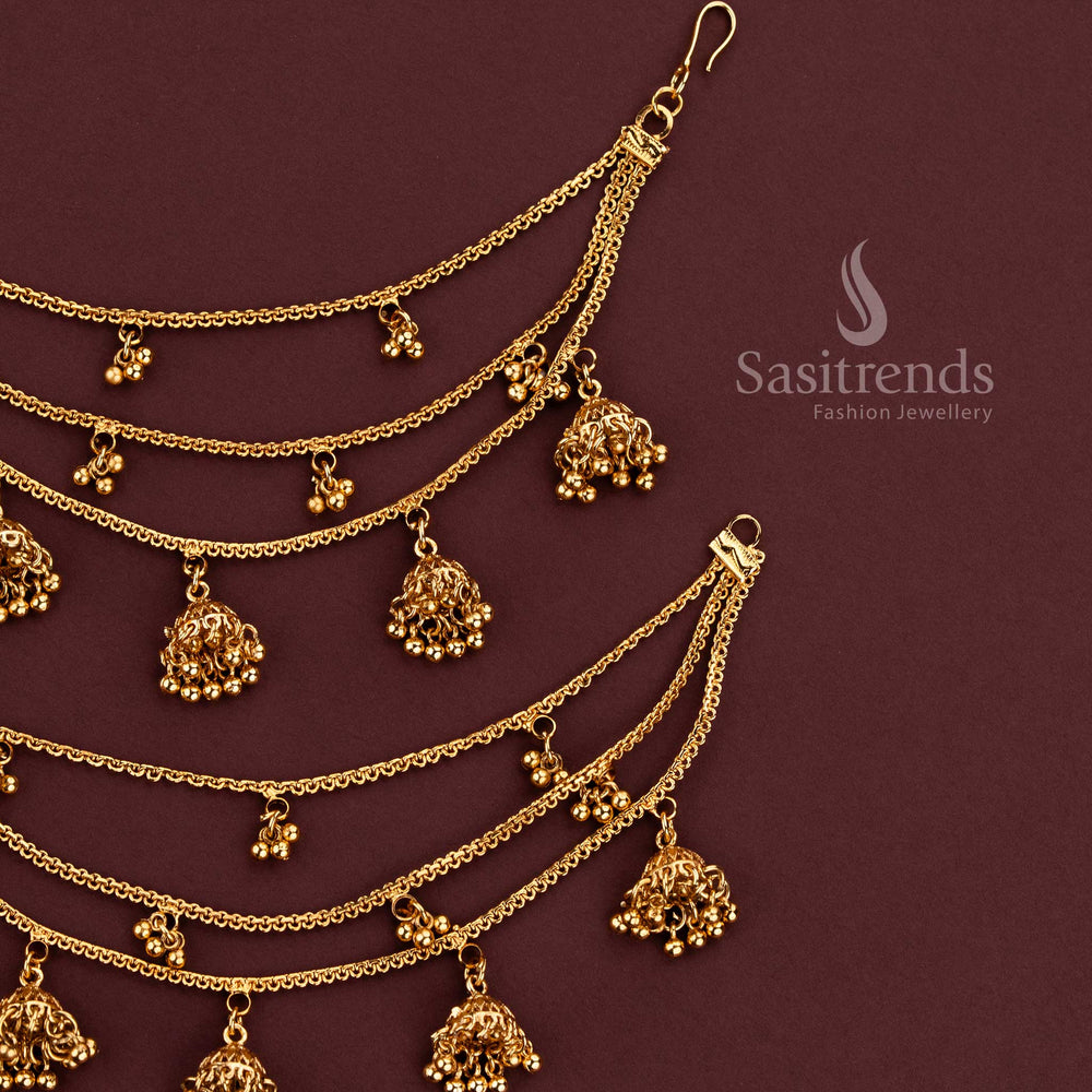 Gold plated 3 layer Matil ear chain with mini jhumka drops - Sasitrends