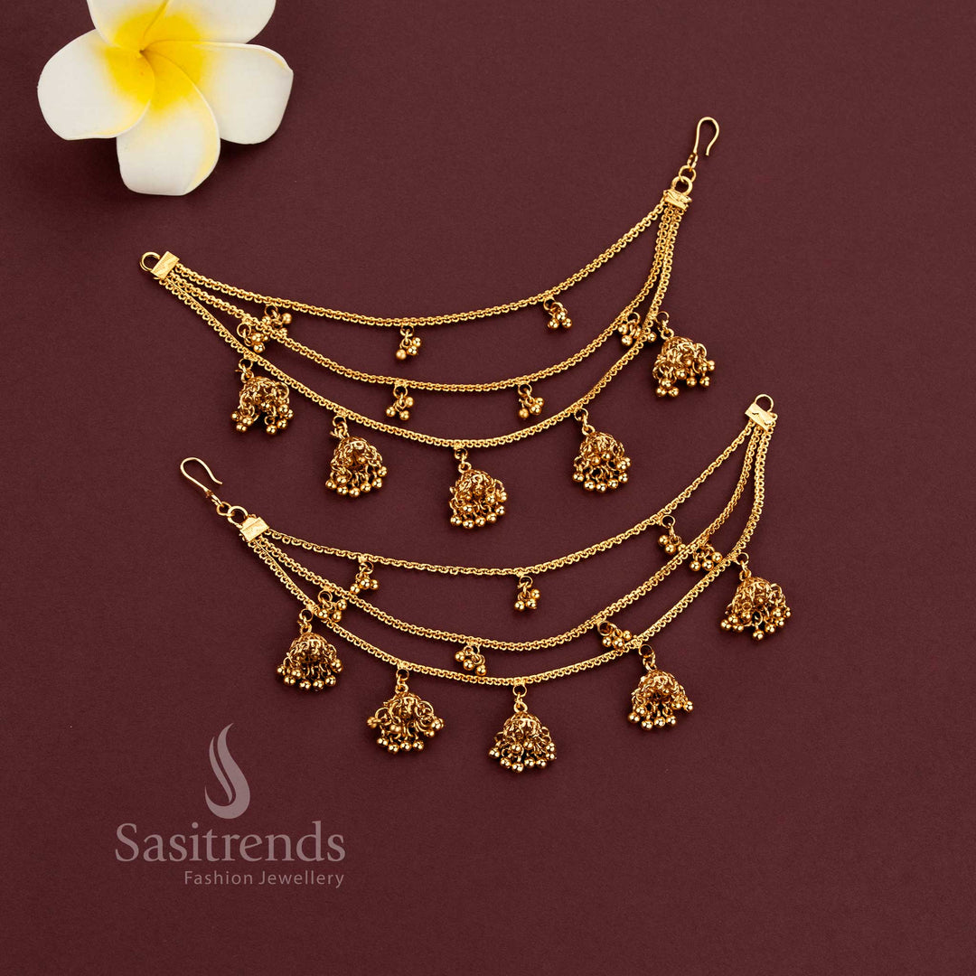 Gold plated 3 layer Matil ear chain with mini jhumka drops - Sasitrends
