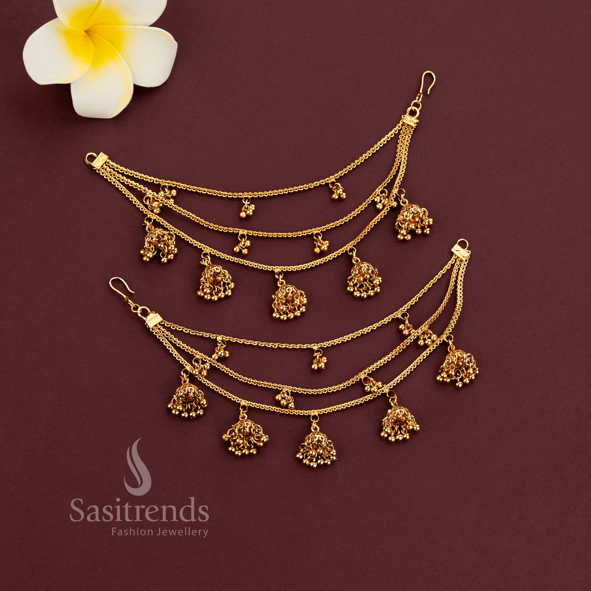 Gold plated 3 layer Matil ear chain with mini jhumka drops - Sasitrends