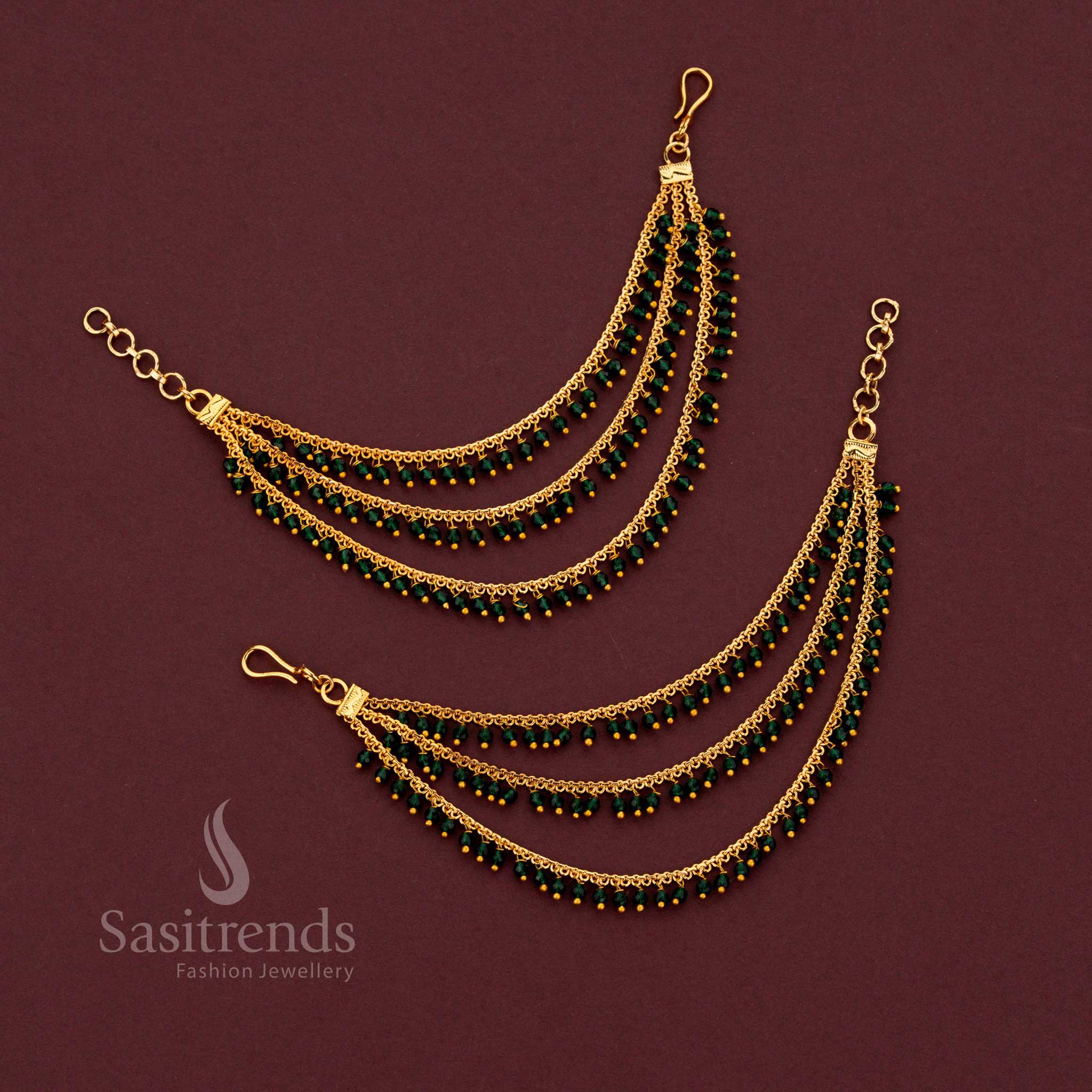Traditional Gold Plated Three Layer Crystal Beads Maatil for Bridal Hairstyles - Sasitrends