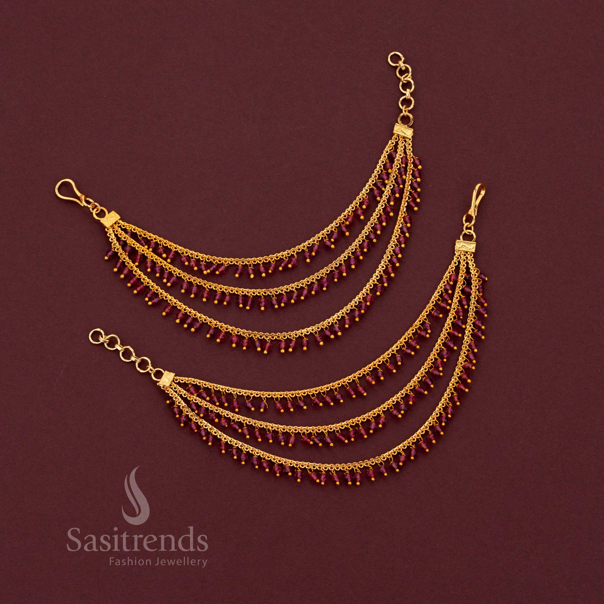 Elegant Gold Plated Layered Crystal Beads Maatil Hair Jewellery for Festive Occasions - Sasitrends
