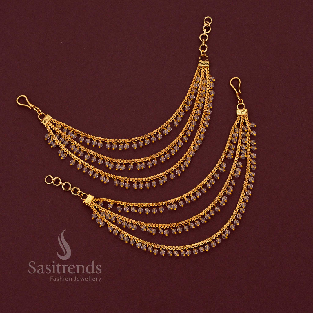 Gold Plated Three Layer Crystal Beads Bridal Maatil Hair Jewellery for Wedding Wear - Sasitrends