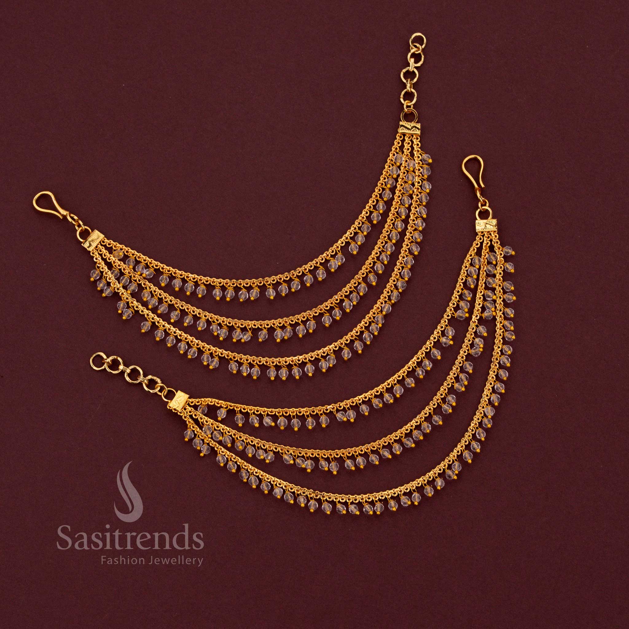 Gold Plated Three Layer Crystal Beads Bridal Maatil Hair Jewellery for Wedding Wear - Sasitrends