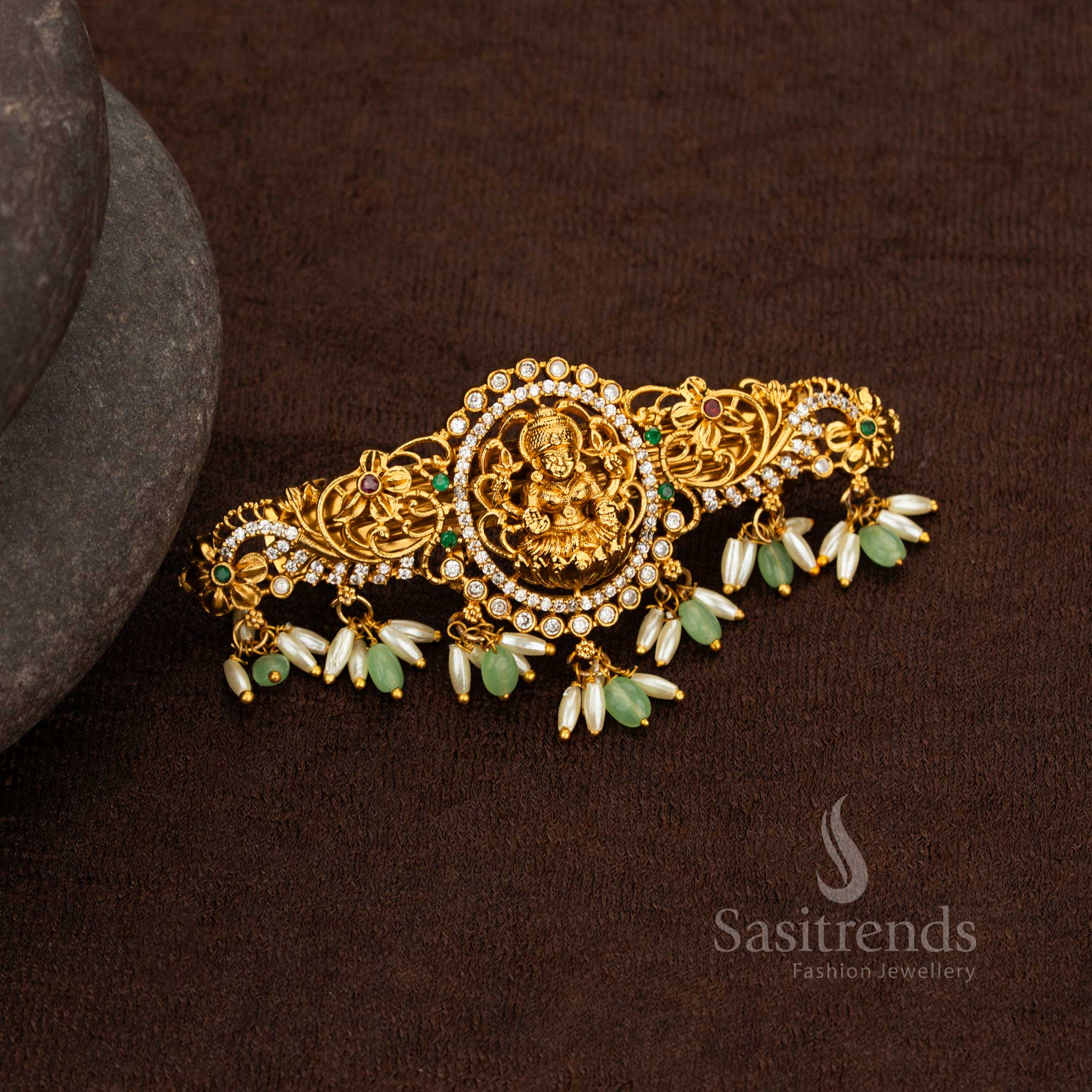 Oval floral Lakshmi AD rice pearl hair clip Sasitrends