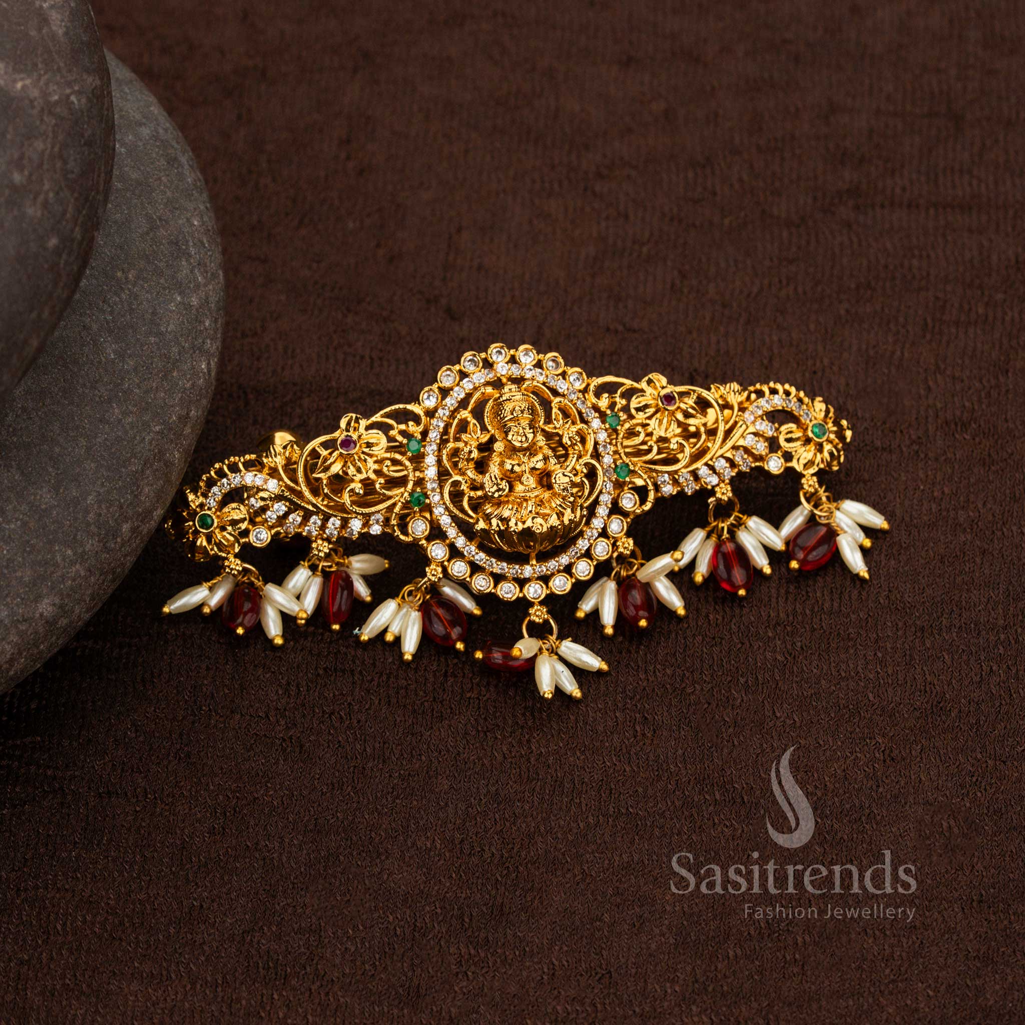 Bridal temple Lakshmi hair ornament with AD stones Sasitrends