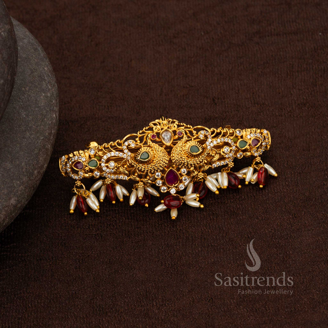 Temple Matte Gold Dual Peacock Hair Clip with AD Stones and Pearls – Sasitrends