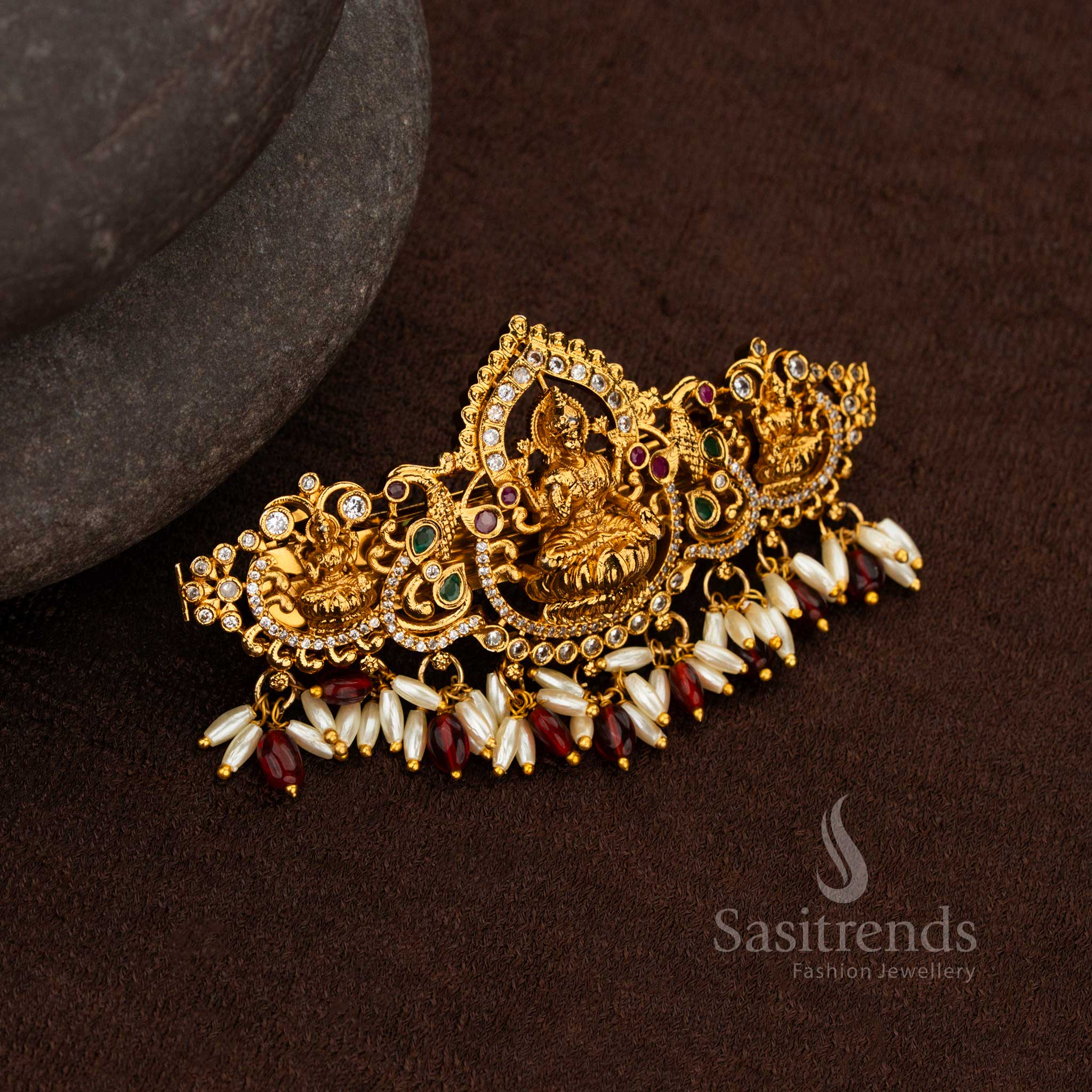 Temple Matte Gold Lakshmi Arch Hair Clip with AD Stones and Rice Pearls 2661C Sasitrends