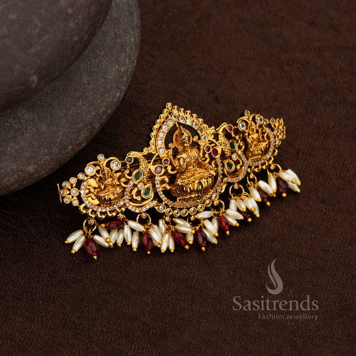 Temple Matte Gold Lakshmi Arch Hair Clip with AD Stones and Rice Pearls 2661C Sasitrends