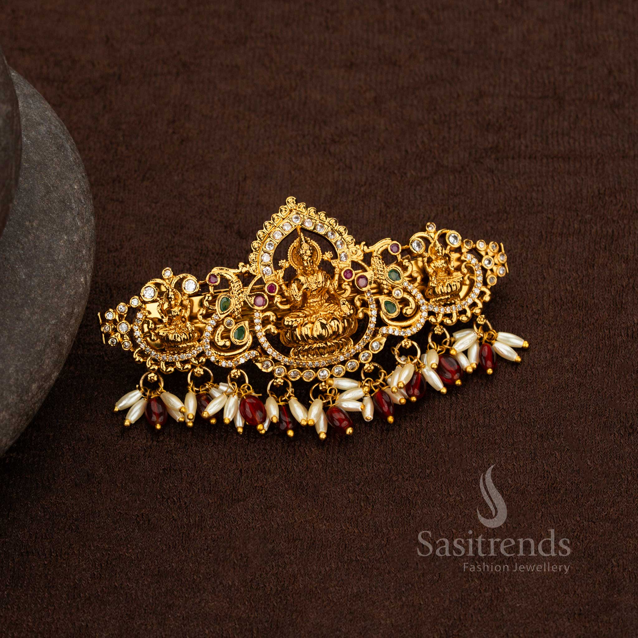 Temple Matte Gold Lakshmi Arch Hair Clip with AD Stones and Rice Pearls 2661C Sasitrends