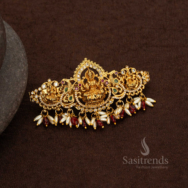 Temple Matte Gold Lakshmi Arch Hair Clip with AD Stones and Rice Pearls 2661C Sasitrends