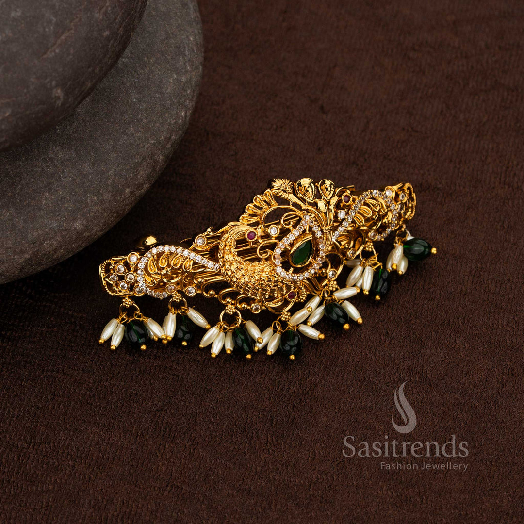 Wedding hair accessory in matte gold with multicolor stones and pearls – Sasitrends