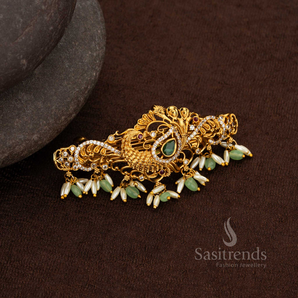 Premium temple peacock hair clip with AD stones and rice pearl drops – Sasitrends