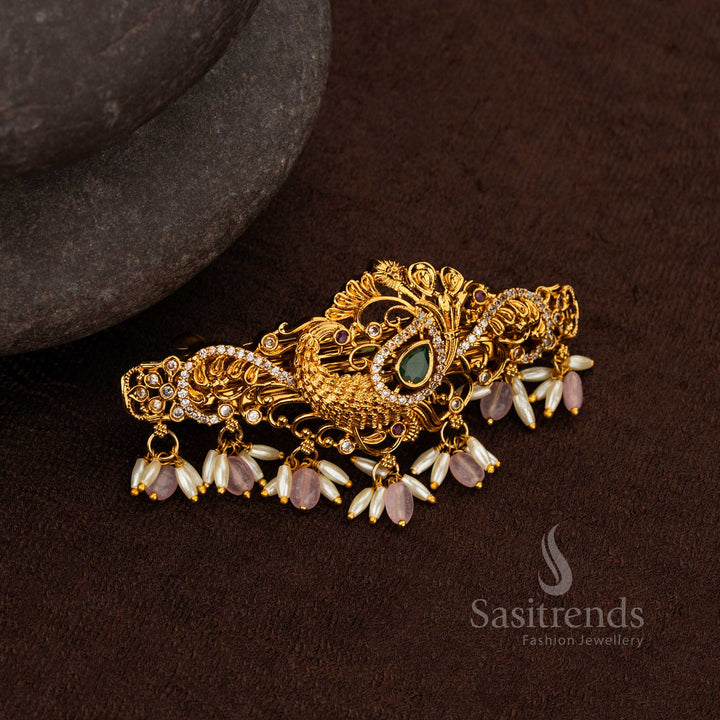 Wedding hair accessory in matte gold with multicolor stones and pearls – Sasitrends