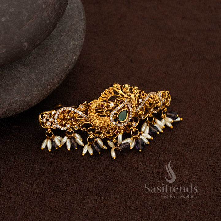 Premium temple peacock hair clip with AD stones and rice pearl drops – Sasitrends