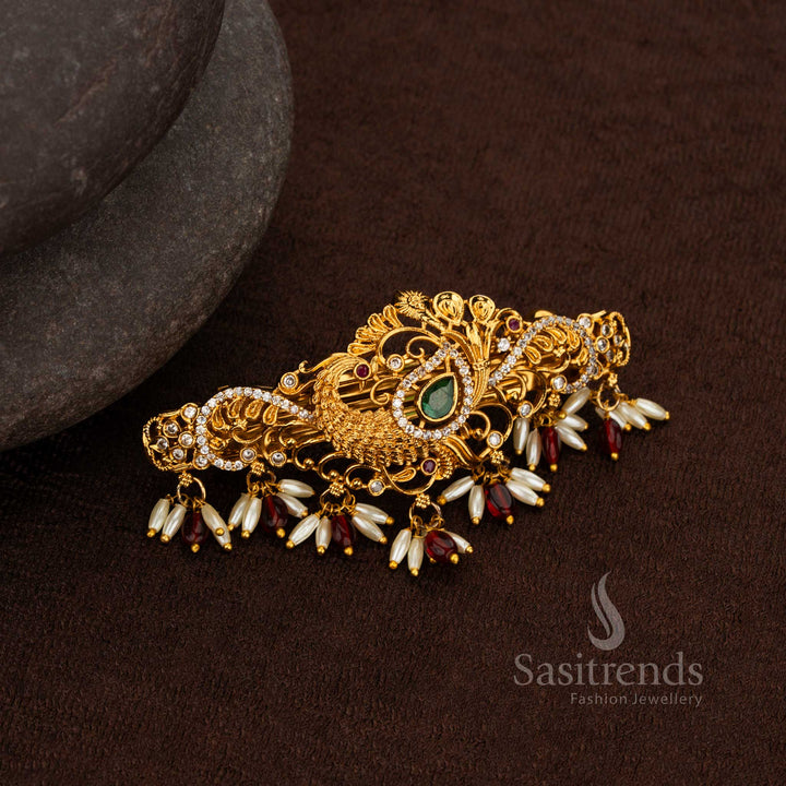 Wedding hair accessory in matte gold with multicolor stones and pearls – Sasitrends