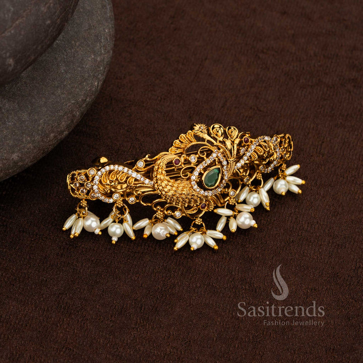 Wedding hair accessory in matte gold with multicolor stones and pearls – Sasitrends