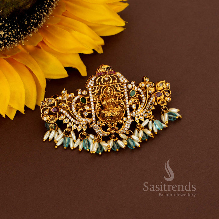 Opulent Rectangular Matte Gold Plated Lakshmi With AD Rice Pearl Hair Clip for Weddings