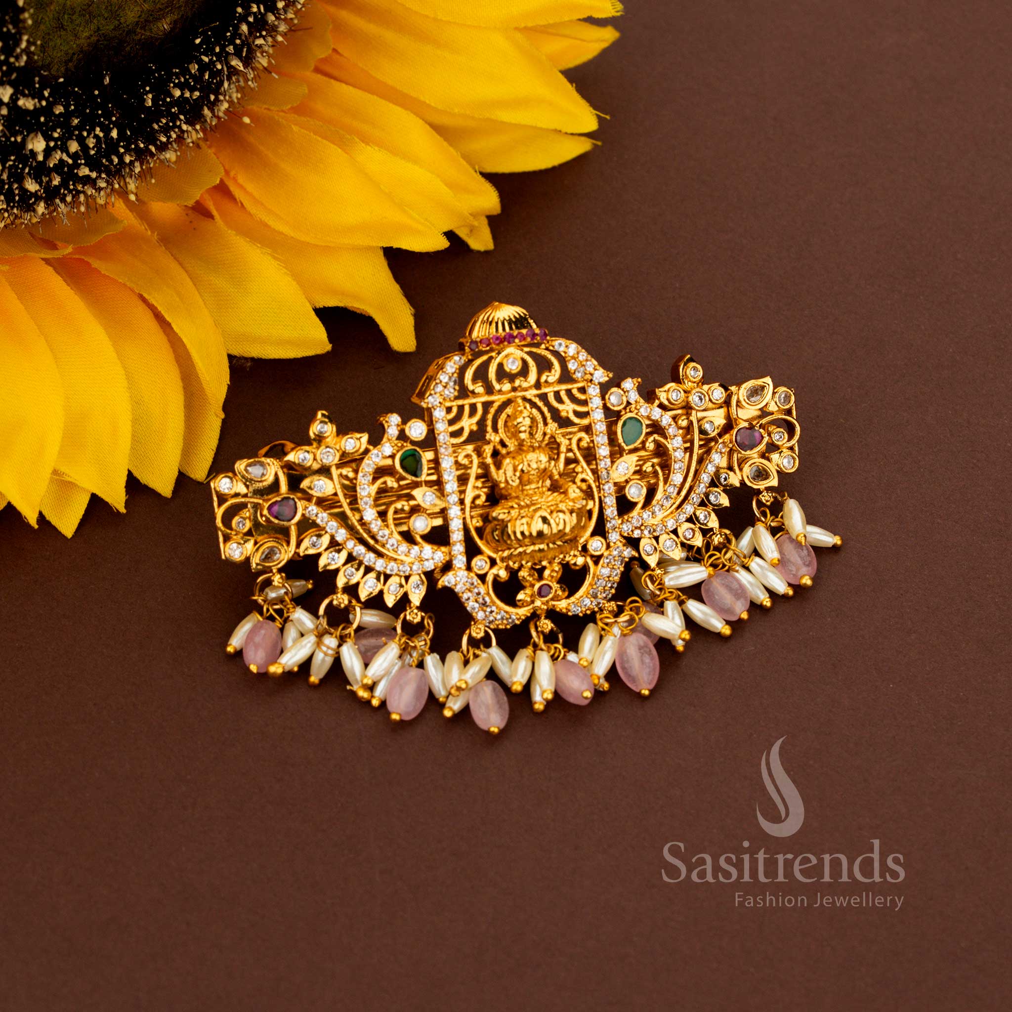 Magnificent pink Lakshmi AD pearl hair clip showcasing opulent rectangular floral patterns radiant matte gold craftsmanship noble heritage artistry and eternal jewellery splendour for aristocratic brides – Sasitrends