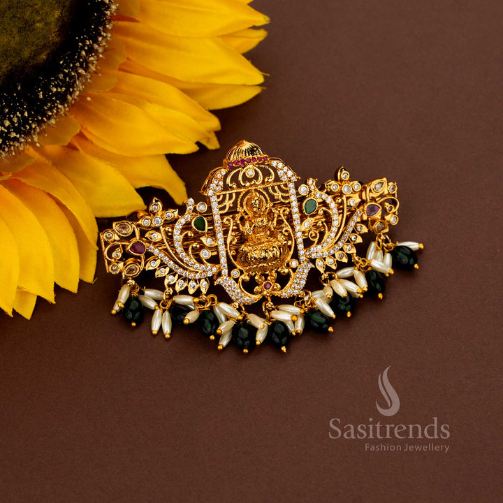 Illustrious green Lakshmi AD pearl hair clip crafted in celestial rectangular design eternal matte gold brilliance heritage grandeur and resplendent craftsmanship perfect for noble bridal style – Sasitrends