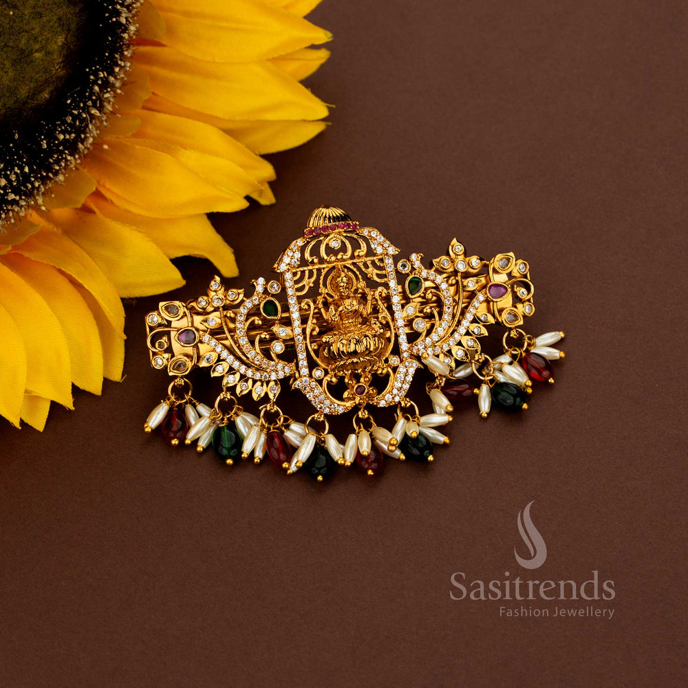 Splendid red green Lakshmi AD rice pearl hair clip adorned with aristocratic rectangular detailing radiant matte gold finish and divine heritage artistry for sovereign bridal jewellery elegance – Sasitrends