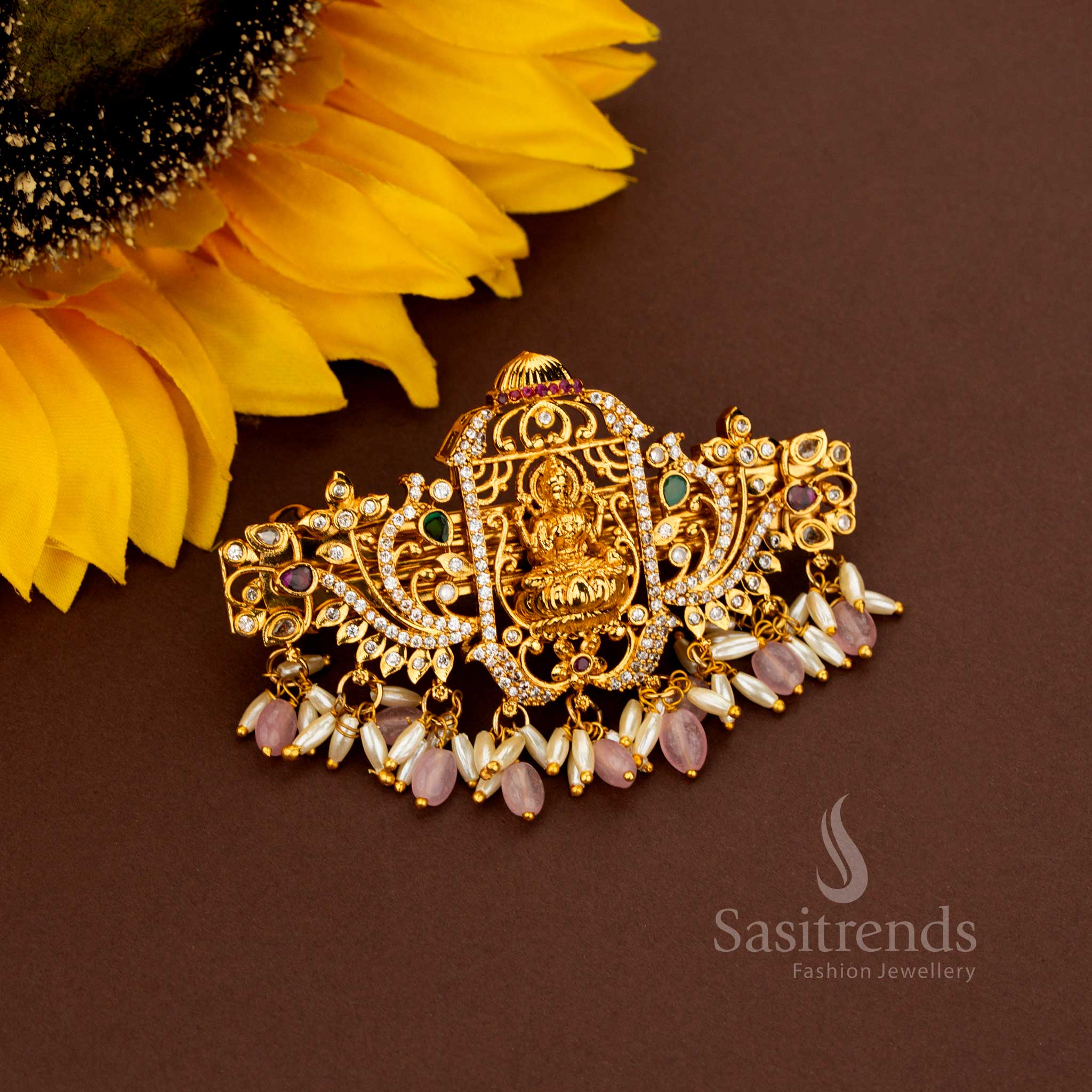 Magnificent pink Lakshmi AD pearl hair clip featuring radiant matte gold brilliance adorned with rectangular detailing sovereign artistry heritage beauty and resplendent elegance crafted for aristocratic brides – Sasitrends