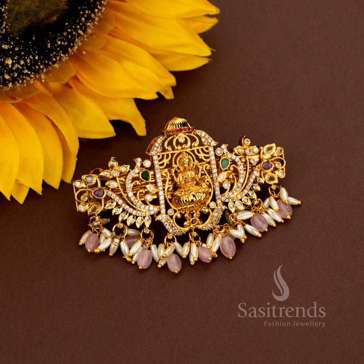 Magnificent pink Lakshmi AD pearl hair clip featuring radiant matte gold brilliance adorned with rectangular detailing sovereign artistry heritage beauty and resplendent elegance crafted for aristocratic brides – Sasitrends