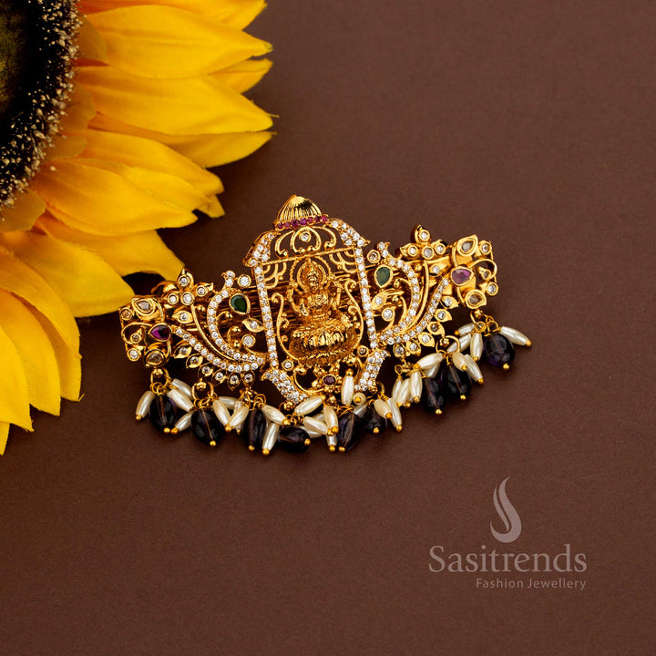 Grandiose purple Lakshmi AD pearl hair clip adorned with divine matte gold artistry baroque rectangular finish radiant heritage detailing and resplendent beauty designed for sovereign weddings – Sasitrends
