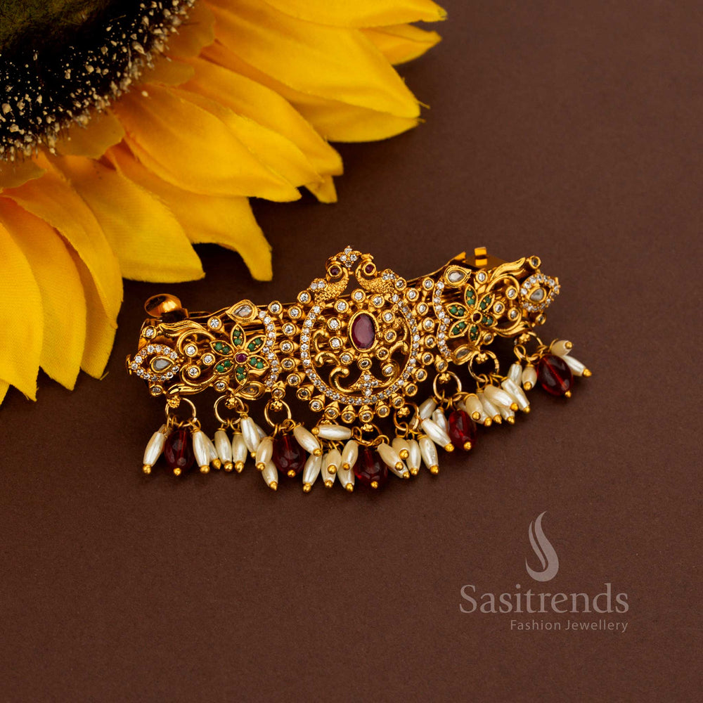 Eternal red AD pearl hair clip adorned with magnificent peacock artistry heritage matte gold refinement celestial oval patterns and sovereign jewellery brilliance – Sasitrends