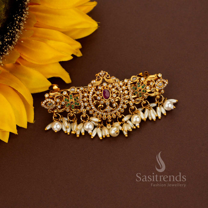 Radiant white dual peacock AD rice pearl hair clip crafted with celestial matte gold artistry aristocratic floral motifs resplendent heritage elegance and sovereign jewellery grace – Sasitrends