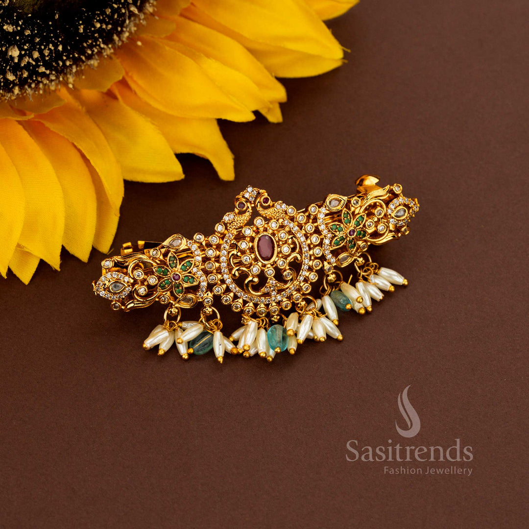 Illustrious sky-blue dual peacock AD rice pearl hair clip showcasing aristocratic grandeur celestial matte gold finish resplendent floral craftsmanship and opulent heritage artistry – Sasitrends