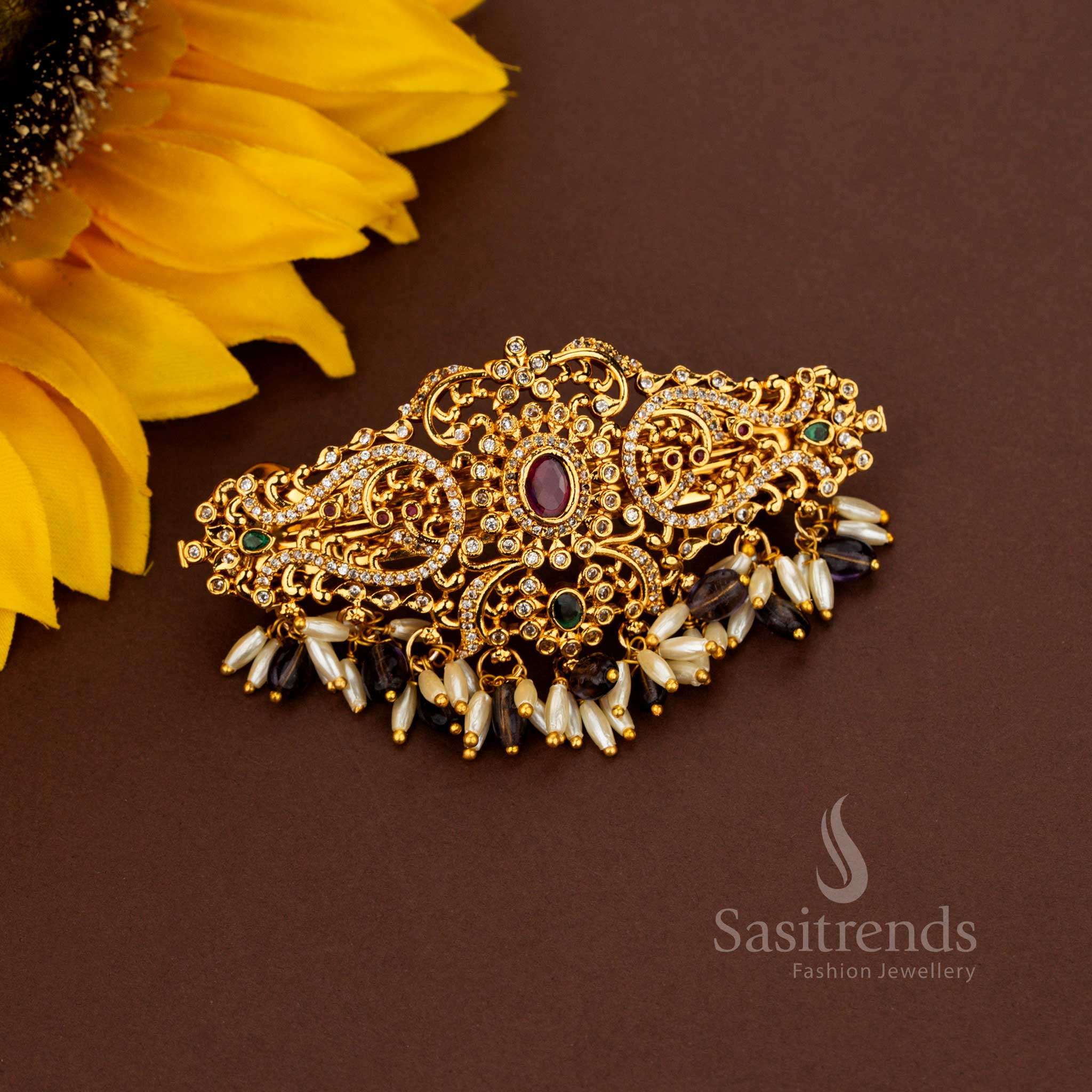 Opulent purple AD rice pearl hair clip enriched with divine oval floral brilliance radiant matte gold artistry aristocratic elegance and celestial grandeur designed for splendid bridal refinement – Sasitrends