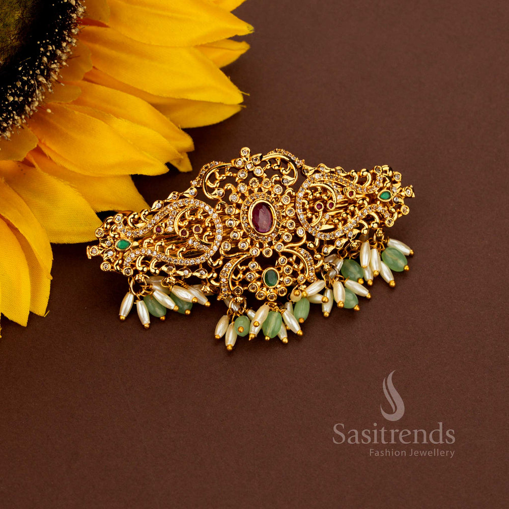 Illustrious mint AD rice pearl hair clip styled with radiant oval floral patterns regal matte gold finish sacred artistry aristocratic legacy and heritage grandeur created for grandiose weddings – Sasitrends