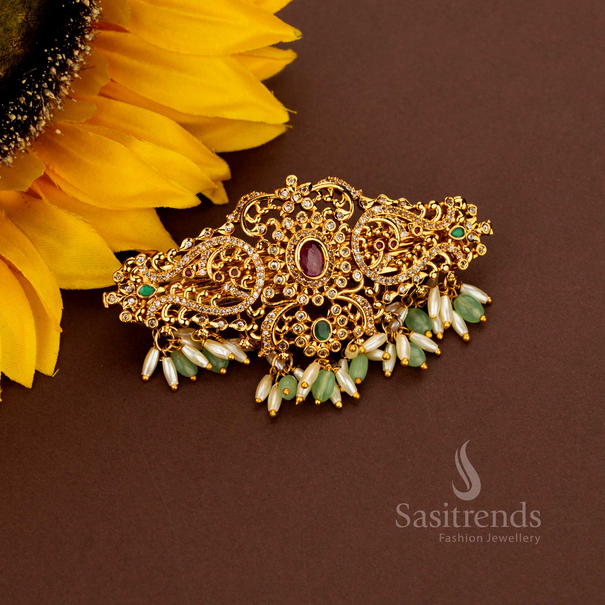 Illustrious mint AD rice pearl hair clip styled with radiant oval floral patterns regal matte gold finish sacred artistry aristocratic legacy and heritage grandeur created for grandiose weddings – Sasitrends