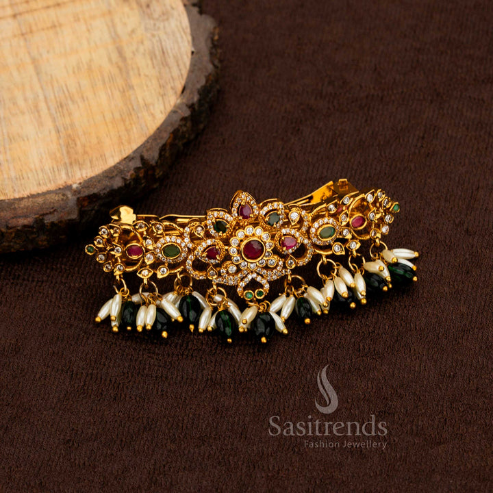 Exquisite Matte Gold Plated Teardrop Floral Hair Clip with AD Stones and Pearls For Marriage Events