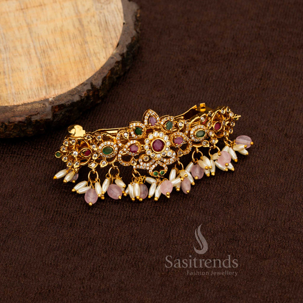 Teardrop floral AD stone hair clip with pearls by Sasitrends