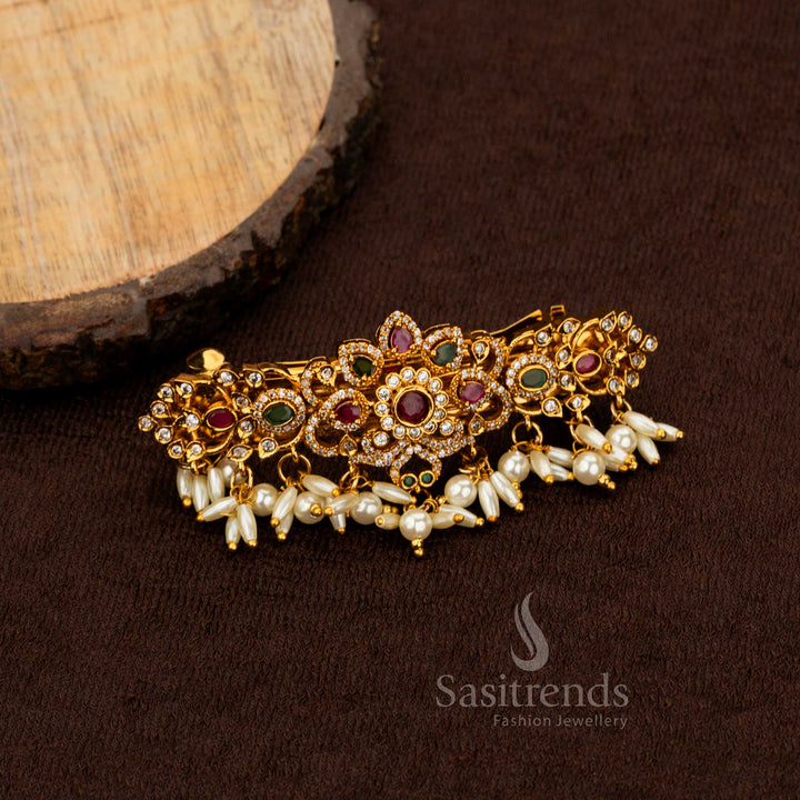 Traditional AD studded floral hair clip with pearl drops Sasitrends