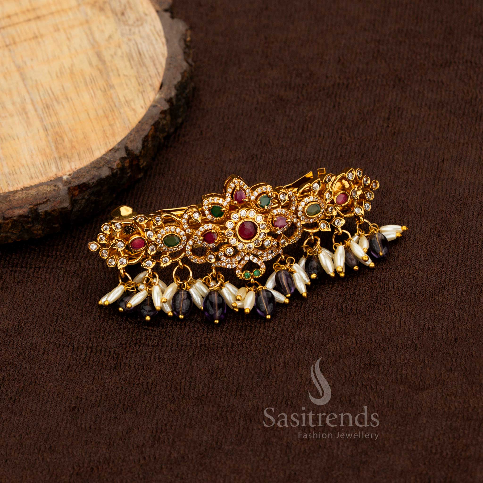 Traditional AD studded floral hair clip with pearl drops Sasitrends
