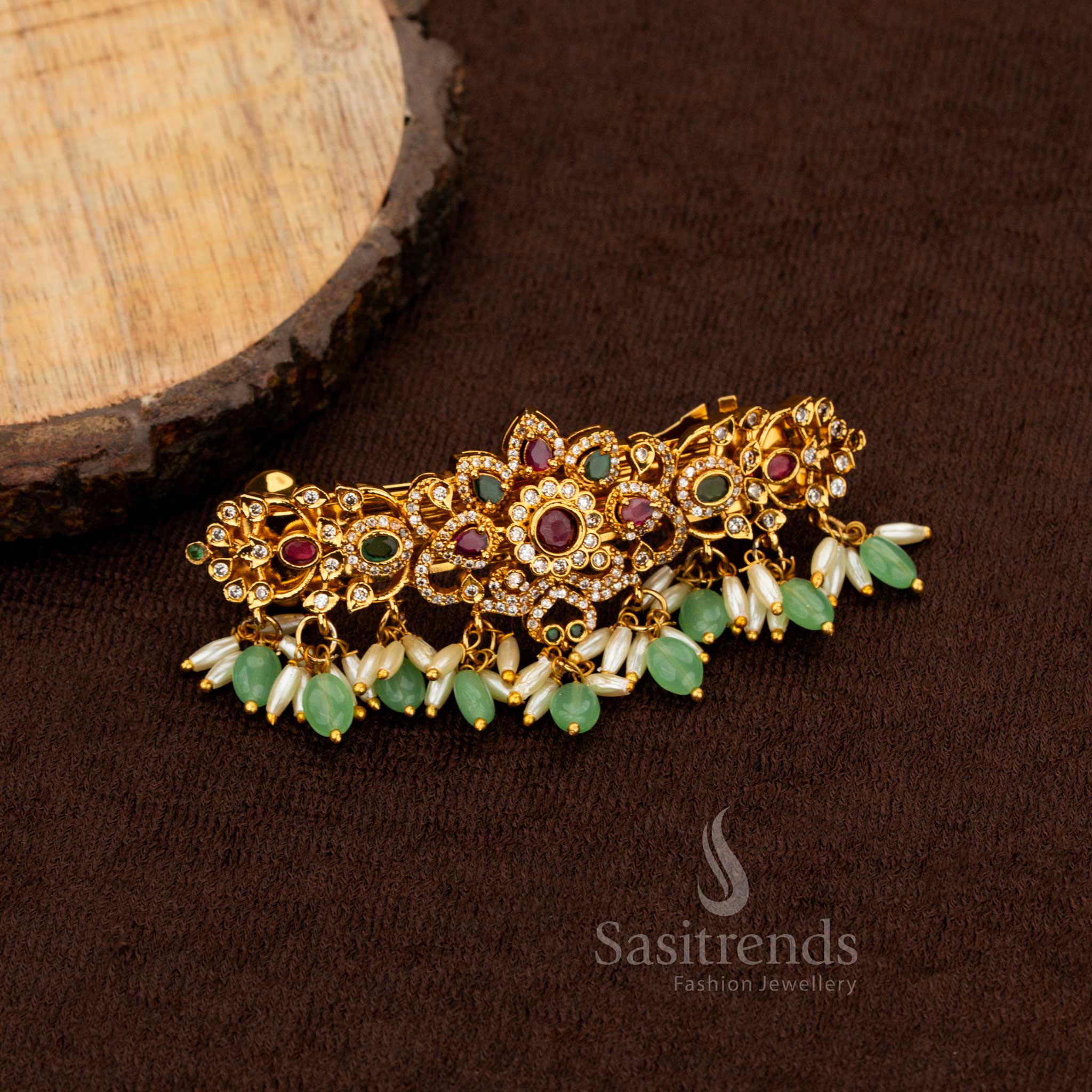 Traditional AD studded floral hair clip with pearl drops Sasitrends