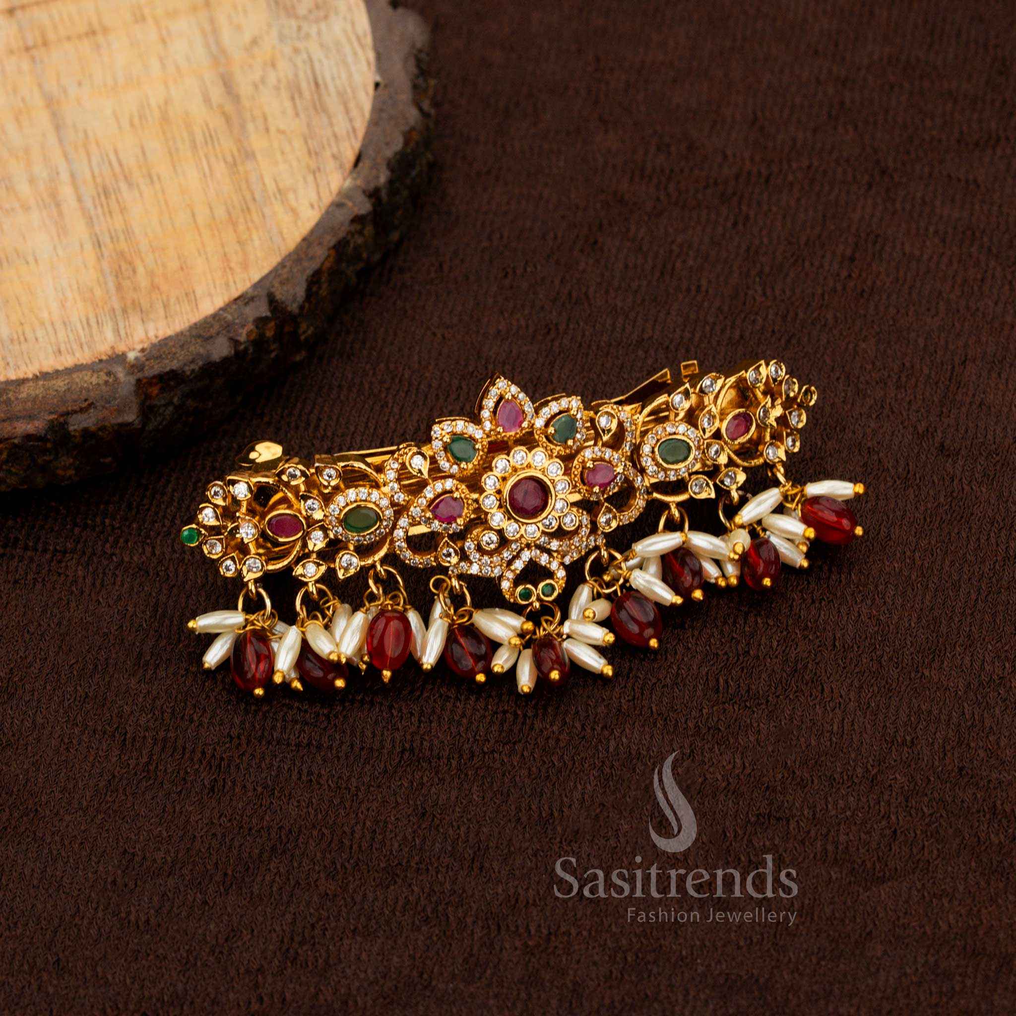 Traditional AD studded floral hair clip with pearl drops Sasitrends