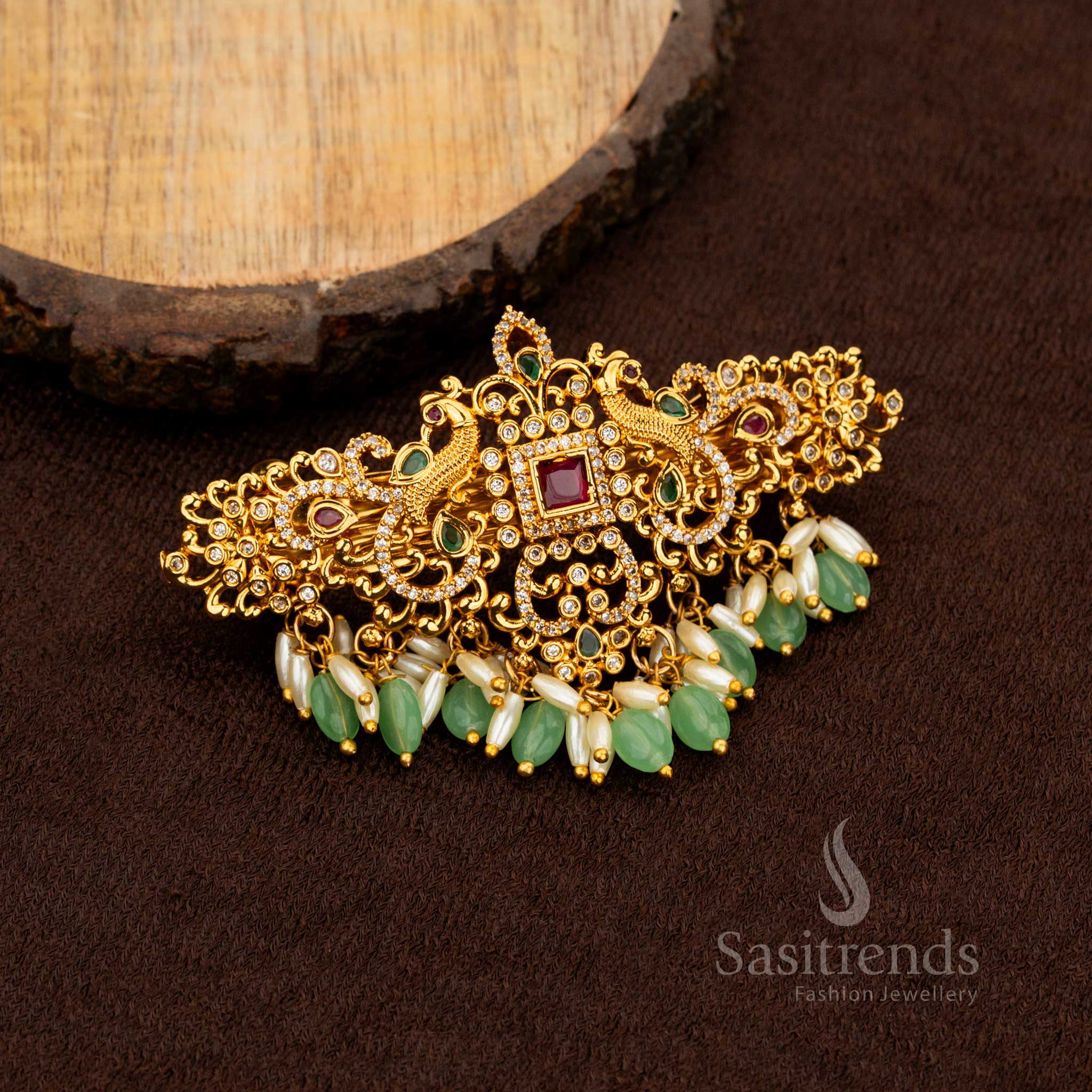 Bridal temple hair accessory with dual peacock motif and pearls