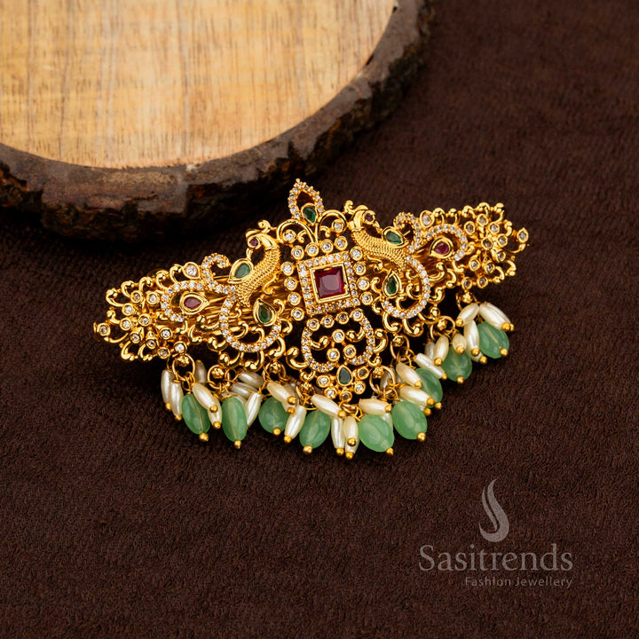 Bridal temple hair accessory with dual peacock motif and pearls